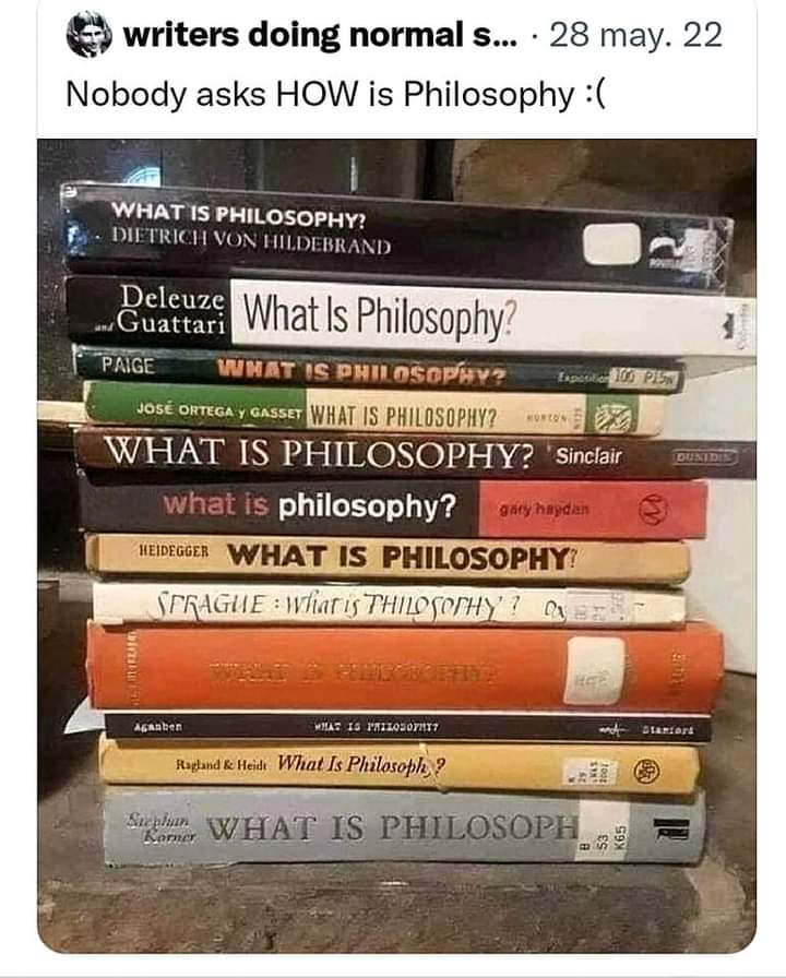Screenshot of a tweet: “Nobody asks HOW is Philosophy.” The photo below shows a tall stack of books with the title “what is philosophy?”